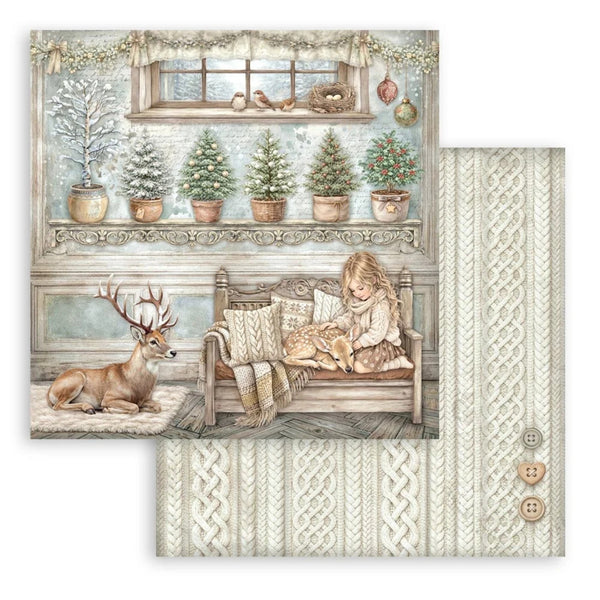Scenic winter scene with a girl and deer in a cozy room, featuring Christmas trees and decorative elements.