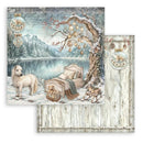 Winter scene with a dog, bed, and decorative elements in a snowy landscape.
