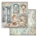 Decorative paper with a vintage-style illustration of a girl and lamb in a room with a clock and chair.