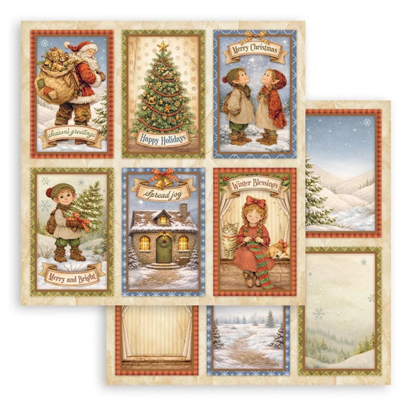 Collection of Christmas-themed cards with various designs including Santa Claus, Christmas trees, and snowy landscapes.