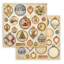 A sheet of Christmas-themed decorative paper stickers or craft cutouts on a white background, featuring vintage ornament shapes with holiday illustrations such as Santa, trees, stars, and winter scenes.