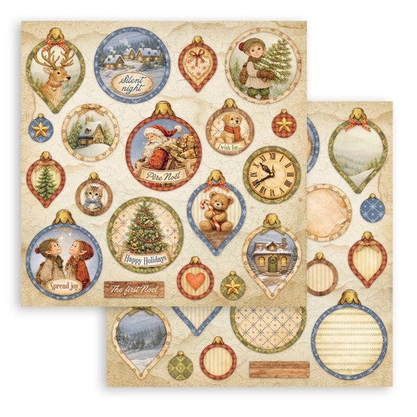 A sheet of Christmas-themed decorative paper stickers or craft cutouts on a white background, featuring vintage ornament shapes with holiday illustrations such as Santa, trees, stars, and winter scenes.