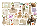 A vintage-style collage sheet featuring illustrated figures in old dresses, butterflies, flowers, clocks, books, leaves, and decorative labels on a white background.