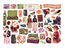 A collage of vintage travel-themed watercolor illustrations on a white background, including suitcases, cameras, flowers, film reels, stamps, hats, and figures in retro clothing.