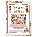 The back cover of a stamping paper pack by Stamperia, titled 'Our Way Ephemera'. The packaging features vintage illustrations of women, a collage of various ephemera pieces, and text detailing the adhesive paper cutouts included.