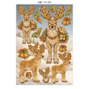 Christmas die-cut sticker sheet featuring four golden-brown reindeer in a snowy winter scene, with holly, bells, and gifts. The sheet includes the text 'DIE CUTS' at the top and is shown against a white background.