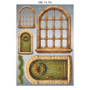 A sheet of Christmas die-cut stickers featuring rustic wooden windows, a green door with a wreath, and a matching arched doorway, all on a light blue glittery background with the text 'DIE CUTS' at the top.