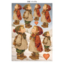 Set of die-cut figures of children in winter clothing with a snowy background.