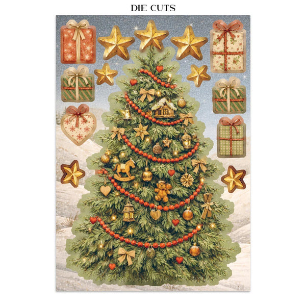 A Christmas-themed die cut sticker sheet featuring a decorated green Christmas tree with red garlands and ornaments, surrounded by gold stars and wrapped gift boxes on a snowy light blue background. The text 'DIE CUTS' appears at the top.