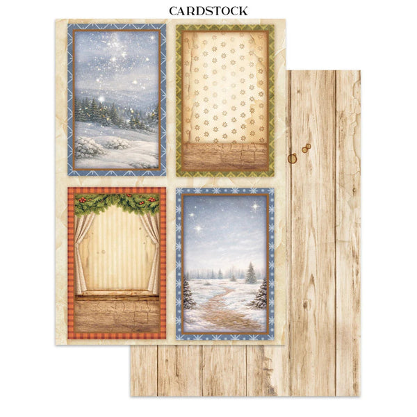 Cardstock with winter-themed designs featuring snowy landscapes and wooden textures.
