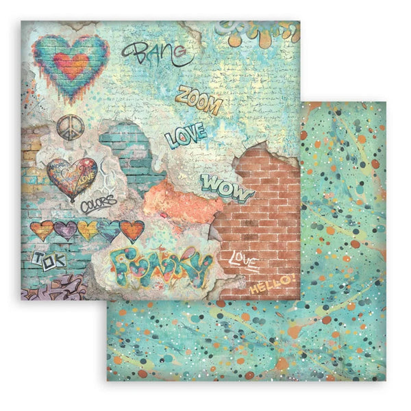 Two square scrapbook paper sheets with a distressed, grunge aesthetic. The top sheet features a collage of colorful hearts, peace signs, graffiti-style text, and torn paper revealing a brick pattern.