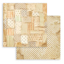 Two square patterned paper sheets with a vintage patchwork design, featuring distressed textures, stripes, florals, and checkered patterns in warm beige, cream, and muted orange tones.