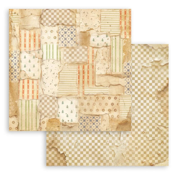 Two square patterned paper sheets with a vintage patchwork design, featuring distressed textures, stripes, florals, and checkered patterns in warm beige, cream, and muted orange tones.