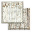 Wooden panel with Christmas ornaments and a decorative border on a white background