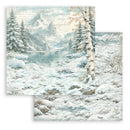 Two square art prints featuring a snowy mountain landscape with a calm lake, evergreen trees, a birch tree, and soft script text, shown overlapping on a white background.