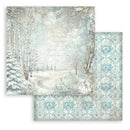 Two sheets of paper with winter landscape and floral pattern designs.