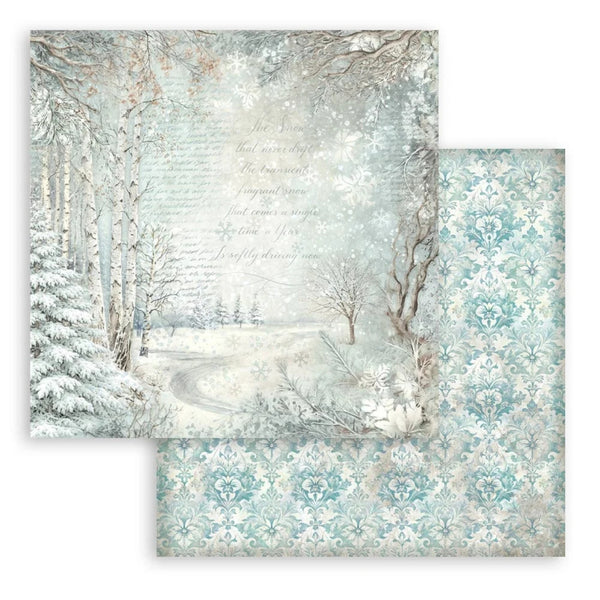 Two sheets of paper with winter landscape and floral pattern designs.