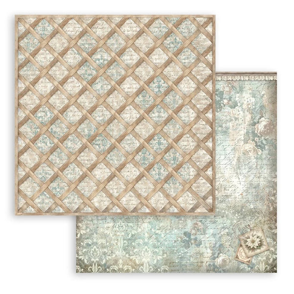 Two decorative paper sheets with lattice and floral patterns on a white background