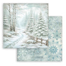 Winter scene with snow-covered trees and a wooden fence, featuring a snowflake pattern on the right.