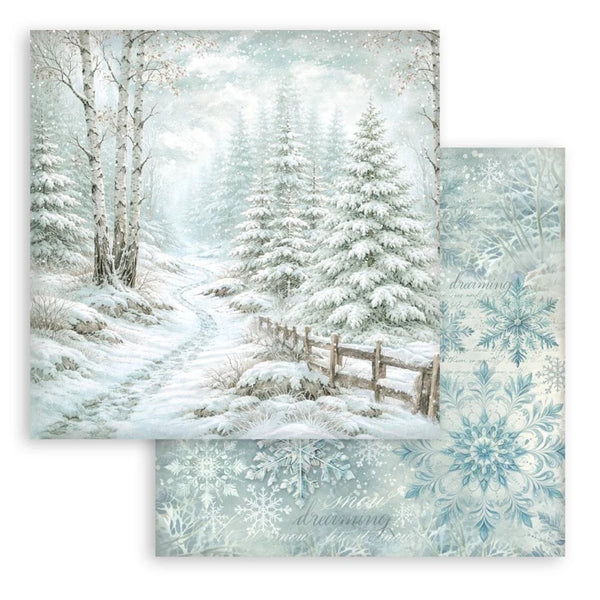 Winter scene with snow-covered trees and a wooden fence, featuring a snowflake pattern on the right.