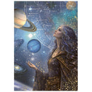 A fantasy art print featuring a woman with long wavy hair looking up at a starry night sky filled with planets, constellations, and golden speckles. The scene is rendered in deep blue, purple, black, and gold tones.