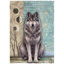 A wolf poster print featuring a detailed gray and black wolf sitting against a textured background with a beige tree silhouette on the left and a teal speckled background on the right.