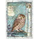 A square art print featuring a detailed illustration of a small owl perched among birch trees, with handwritten script and abstract textures in soft blue, beige, brown, and white tones.