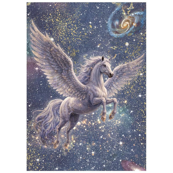 A fantasy artwork of a white winged horse, or Pegasus, flying through a star-filled space with a spiral galaxy in the upper right, shown on a white background.