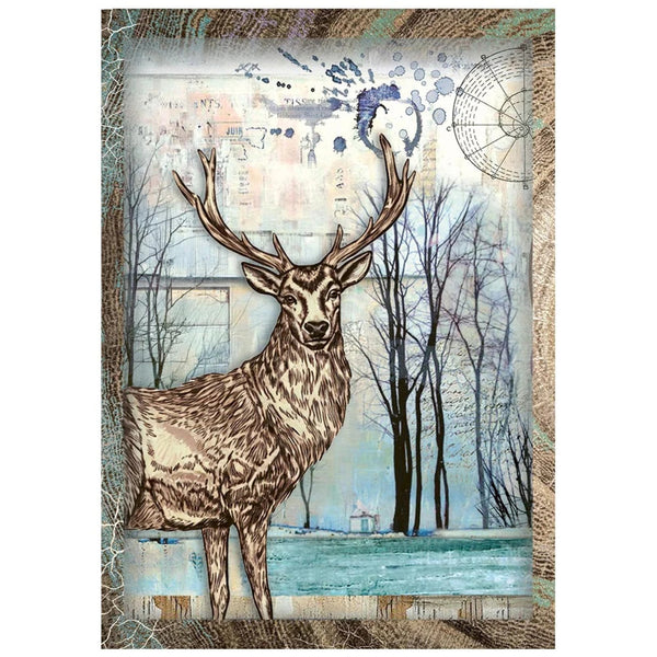 A square art print or decorative panel featuring a detailed illustration of a stag with large antlers standing in a winter landscape. The artwork has a textured, collage-like background with blue water, bare trees, faint architectural elements, and distressed beige and brown borders.
