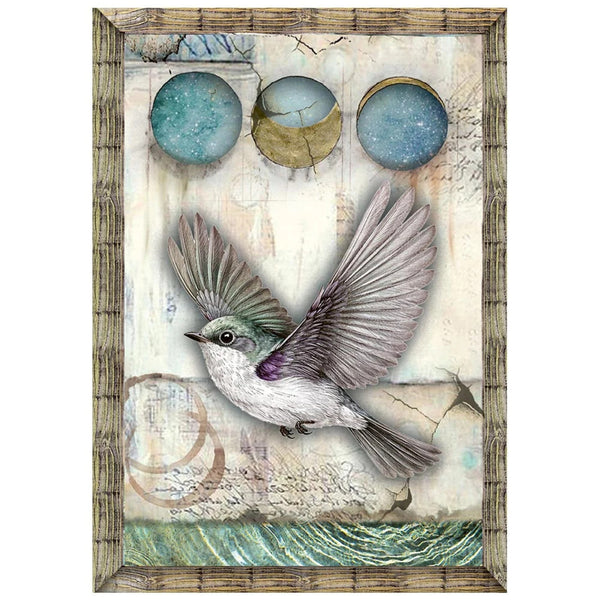 A framed mixed-media art print featuring a detailed illustration of a bird in flight, with three circular textured elements at the top and a rustic wood frame around the artwork.