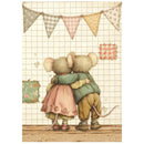 A vintage-style illustration of two mice hugging from behind, wearing soft clothing, set against a cream grid wall with pastel bunting and patchwork decorations.