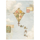 A vintage-style art print featuring a patchwork diamond-shaped kite flying against a light blue sky with white clouds. The print includes decorative stitched fabric squares, cursive handwriting, and postmarked details.