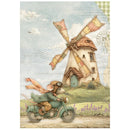 Vintage-style illustrated scene showing a mouse riding a small green motorcycle beside a patchwork windmill, with clouds, grass, and decorative postmark elements in the background.