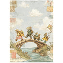 A vintage-style illustrated scene showing four small mice crossing a stone bridge over a stream, with clouds, postmarks, and collage-like paper elements in the background. This appears to be the artwork itself rather than a photo of a physical product in a room, so Scenery fits best.