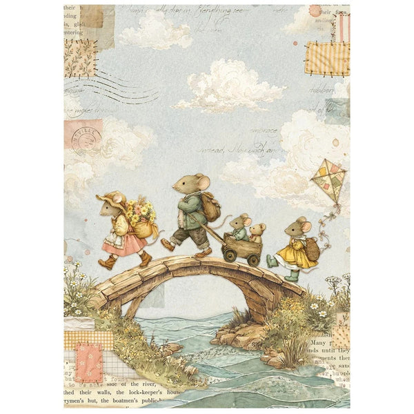 A vintage-style illustrated scene showing four small mice crossing a stone bridge over a stream, with clouds, postmarks, and collage-like paper elements in the background. This appears to be the artwork itself rather than a photo of a physical product in a room, so Scenery fits best.