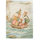 Vintage-style illustration of two small mice in a patchwork sailboat on water, with a torn paper background and water lily pads.