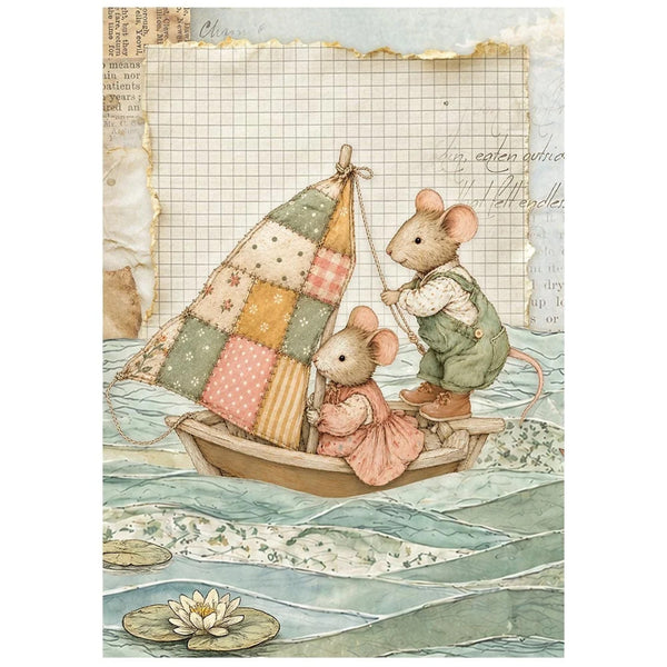 Vintage-style illustration of two small mice in a patchwork sailboat on water, with a torn paper background and water lily pads.