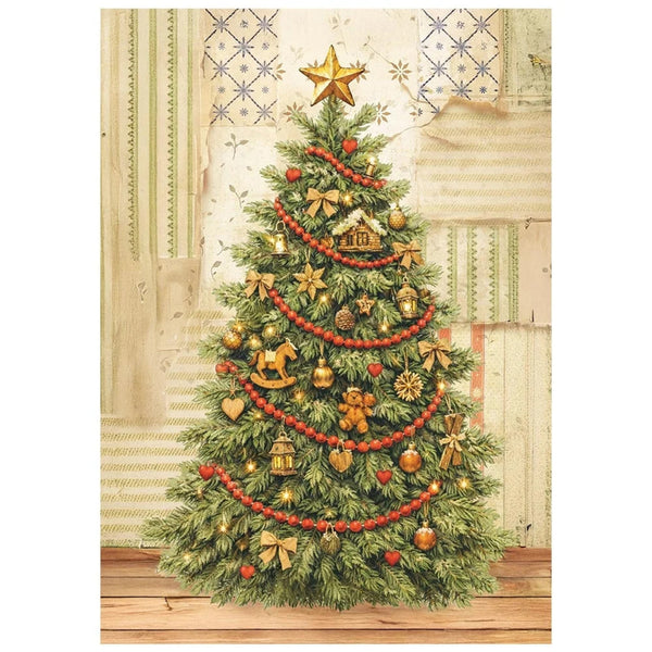 Decorative Christmas tree with ornaments on a vintage-style background