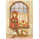Illustration of a girl with a dog sitting by a window, holding knitting needles.