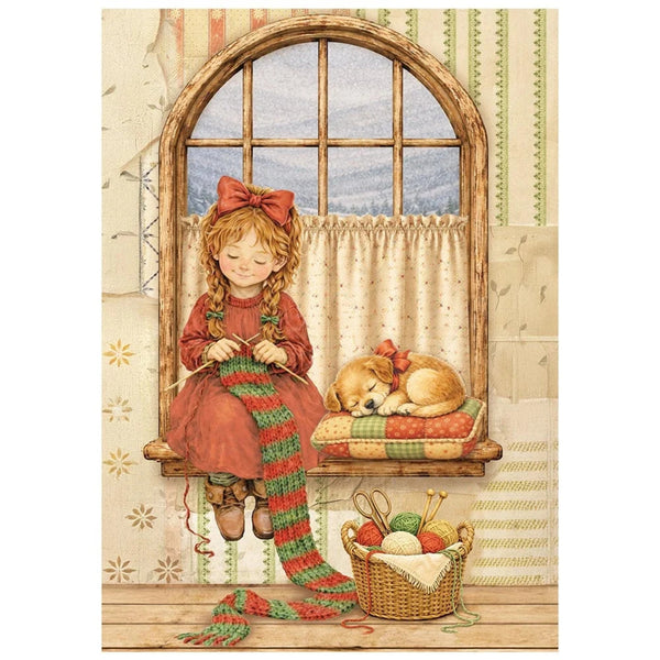 Illustration of a girl with a dog sitting by a window, holding knitting needles.
