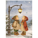 Two children in winter clothing standing under a street lamp in a snowy scene.