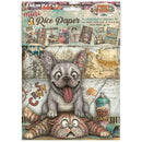 Furry Friends mini Rice Paper A6 craft paper pack featuring a humorous illustration of a grey French Bulldog sitting on top of an orange tabby cat, with a spray can and distressed collage-style background.