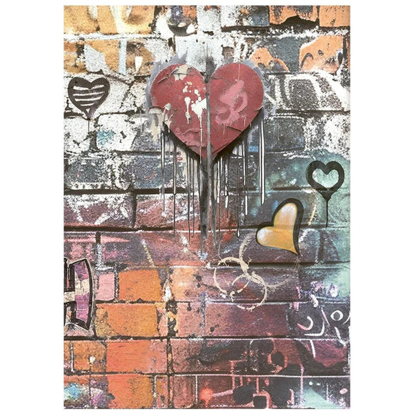 A square art print or card featuring a graffiti-style brick wall background with layered heart shapes in red, black, gold, and white, including dripping paint effects and stencil-like heart outlines.