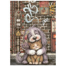 A square art print or card featuring a cartoon illustration of a fluffy gray dog hugging a small orange tabby kitten in front of a brick wall with graffiti and utility pipes.