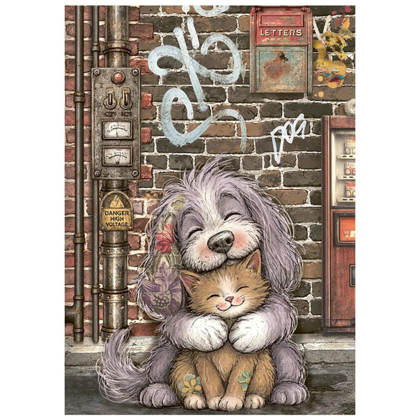 A square art print or card featuring a cartoon illustration of a fluffy gray dog hugging a small orange tabby kitten in front of a brick wall with graffiti and utility pipes.