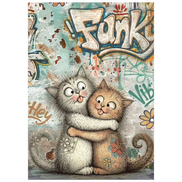 A vertical art print featuring a whimsical illustration of two fluffy cats hugging, set against a graffiti-style background with the word 'Funk' in large stylized letters.