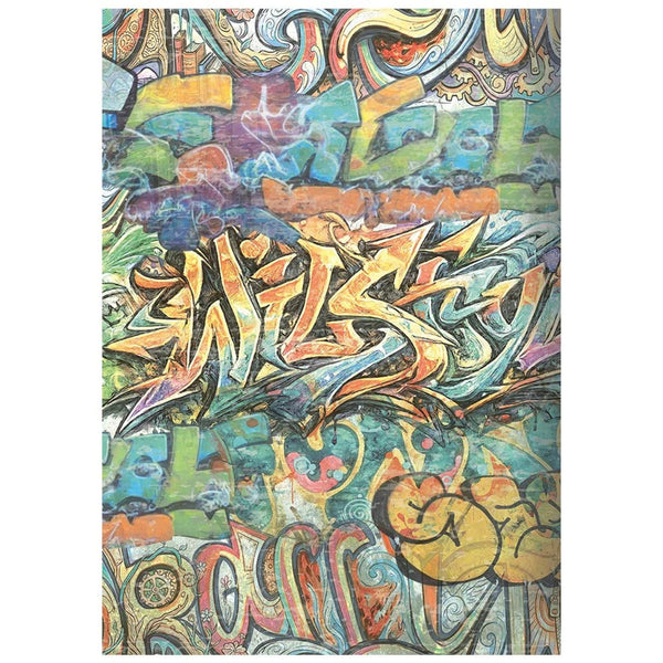 A colorful graffiti art print featuring stylized street art with abstract lettering and layered urban designs in blue, orange, yellow, green, and purple tones.
