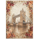 A vintage-style decorative print featuring Tower Bridge in London, surrounded by an ornate floral border in warm beige, rust, peach, and burgundy tones.