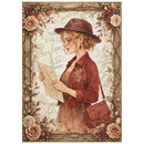 Vintage-style illustrated portrait of a woman in a brown hat and red-brown jacket holding a map, framed by roses and vines on an aged paper background.