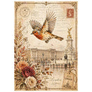 Vintage-style London postcard artwork featuring a flying robin bird, Buckingham Palace, the Victoria Memorial, and floral decorations on an aged cream background with printed postmarks and script.